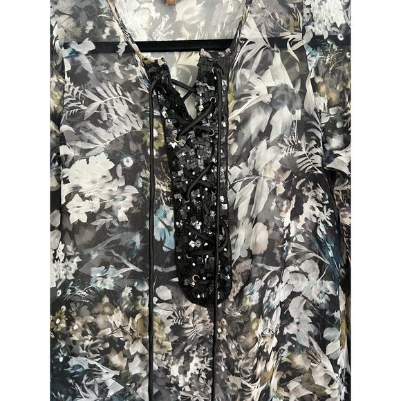 Taj By Sabrina Crippa Women’s Beaded Silk Floral Tunic Top Coverup lace up small - Picture 6 of 8